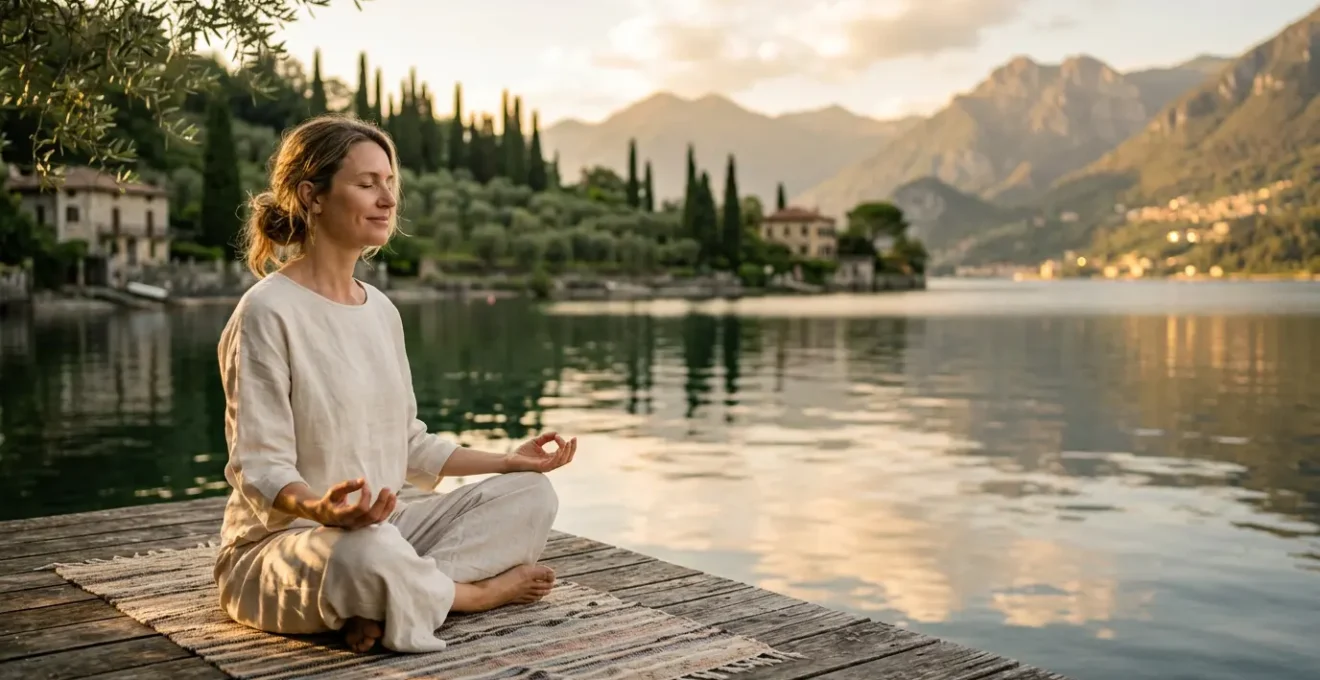 Donna quarantenne in meditazione immersa nella natura per ritrovare l'equilibrio interiore