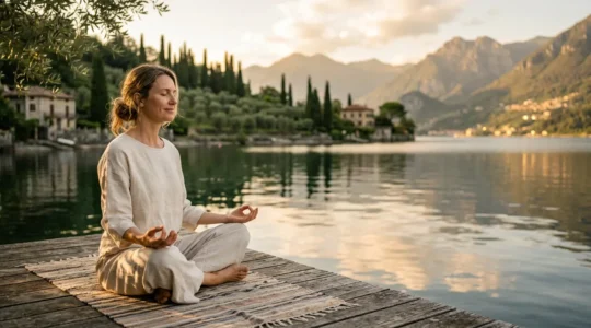 Donna quarantenne in meditazione immersa nella natura per ritrovare l'equilibrio interiore