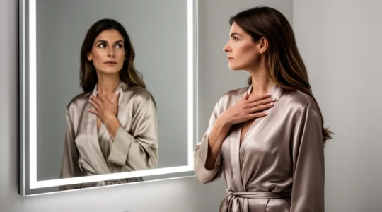 Donna serena che riflette sulla scelta dell'intervento estetico al seno dopo i 30 anni