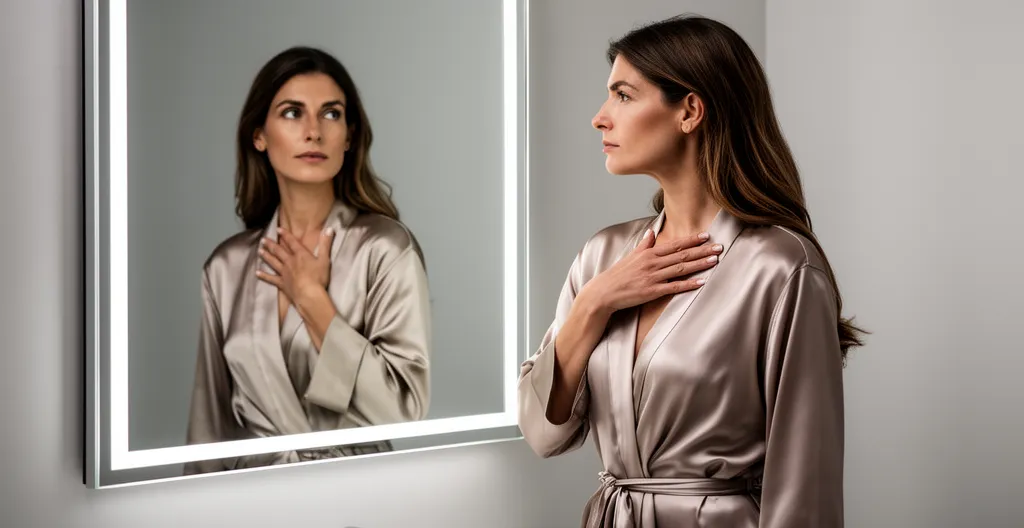 Donna serena che riflette sulla scelta dell'intervento estetico al seno dopo i 30 anni