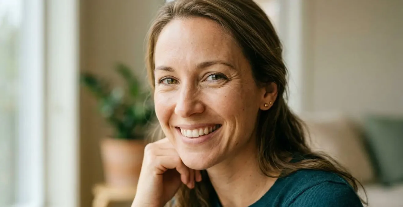 Primo piano di viso femminile luminoso e naturale che mostra fronte liscia e sguardo aperto