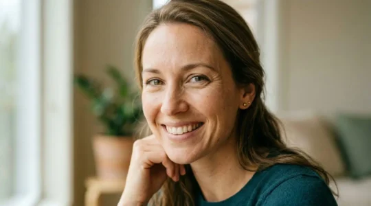 Primo piano di viso femminile luminoso e naturale che mostra fronte liscia e sguardo aperto