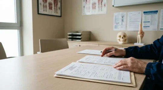 Chirurgo plastico esamina documentazione medica per valutazione intervento ricostruttivo