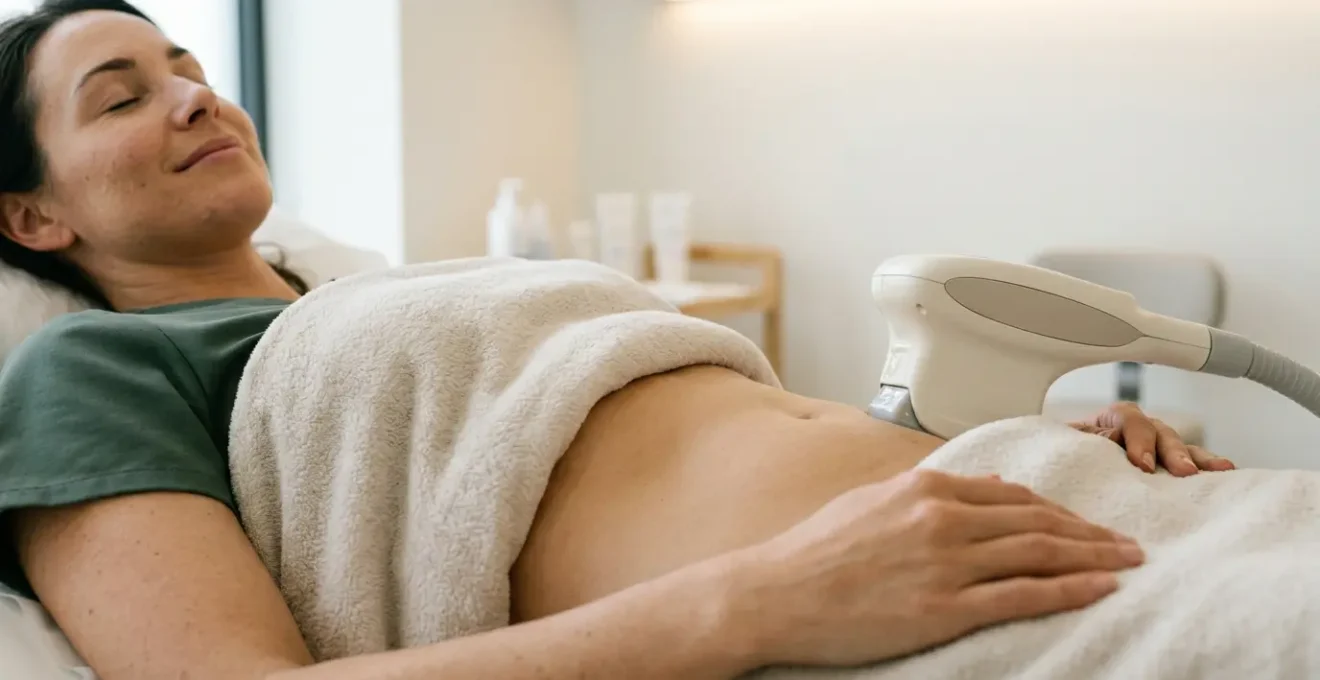 Trattamento di criolipolisi medica su addome femminile con tecnologia avanzata