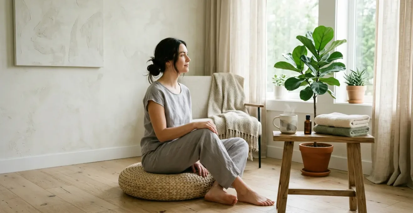 Donna in meditazione mattutina con elementi di self-care e natura in ambiente domestico sereno