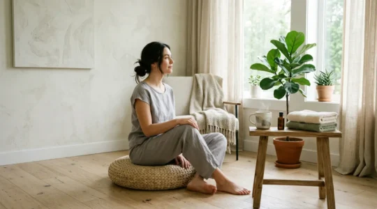 Donna in meditazione mattutina con elementi di self-care e natura in ambiente domestico sereno