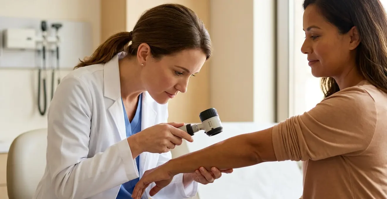 Dermatologo che esamina un neo con dermatoscopio in ambiente clinico luminoso