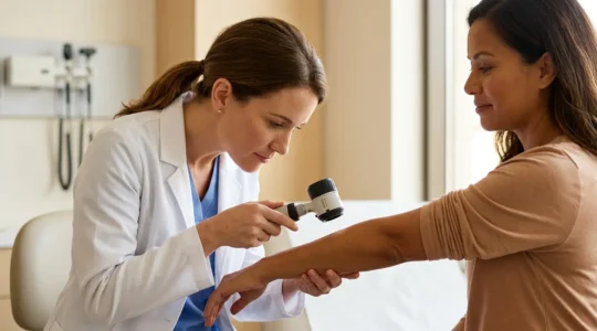 Dermatologo che esamina un neo con dermatoscopio in ambiente clinico luminoso