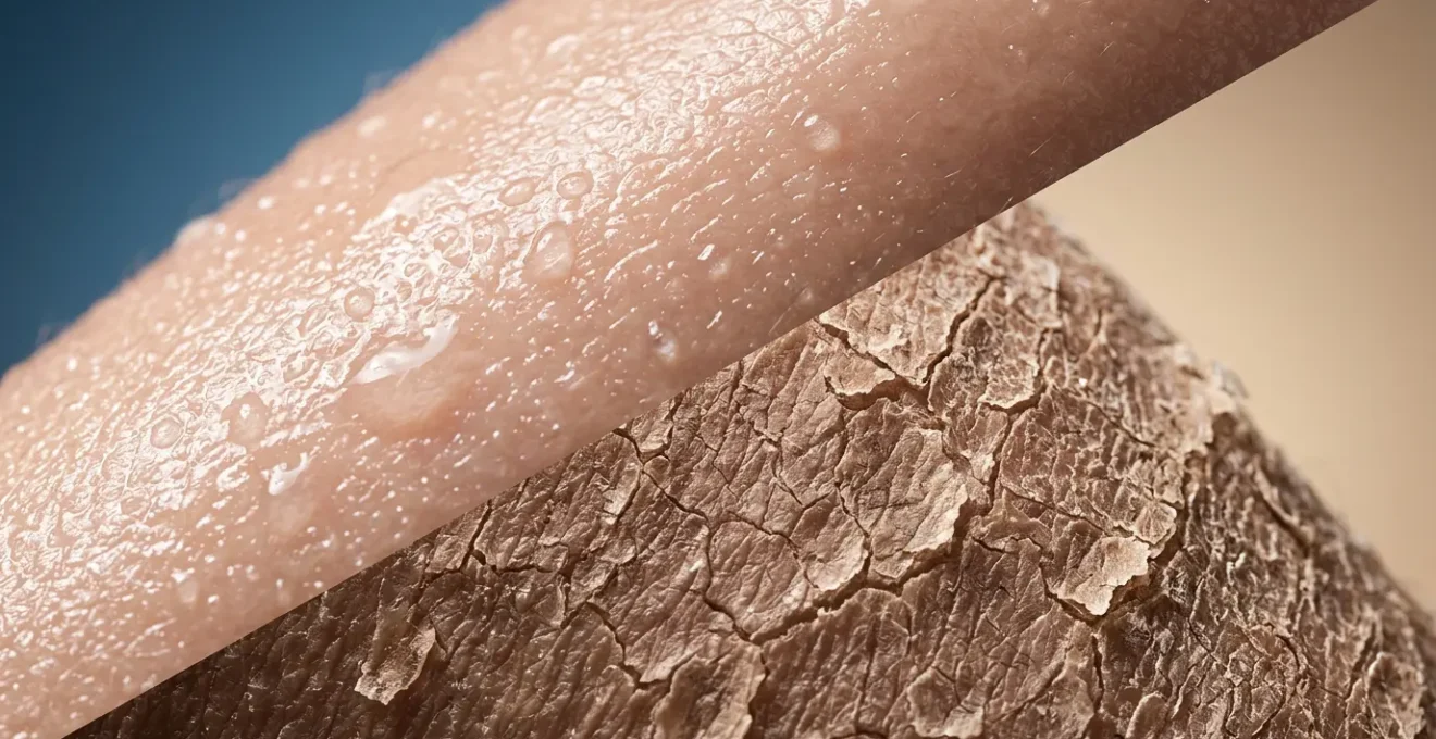 Confronto visivo tra pelle secca e disidratata con focus sulla texture e idratazione