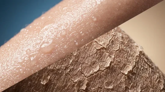 Confronto visivo tra pelle secca e disidratata con focus sulla texture e idratazione