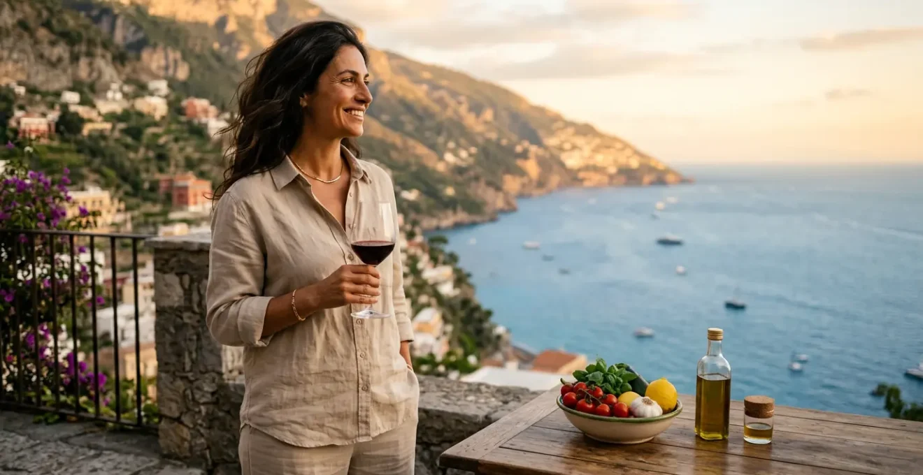 Donna italiana elegante con vista panoramica sulla costa mediterranea al tramonto