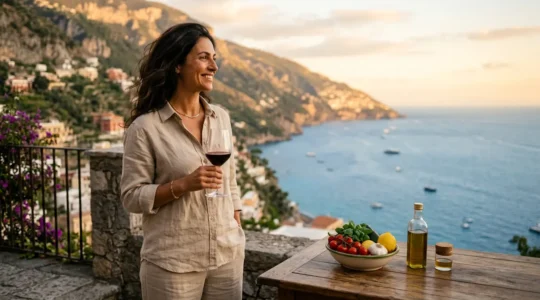 Donna italiana elegante con vista panoramica sulla costa mediterranea al tramonto