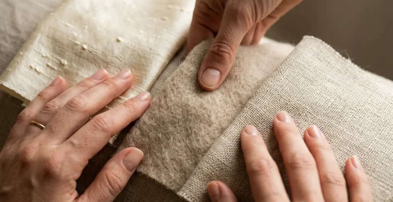 Mani femminili che accarezzano tessuti pregiati italiani in luce naturale