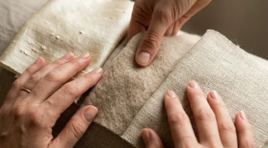 Mani femminili che accarezzano tessuti pregiati italiani in luce naturale