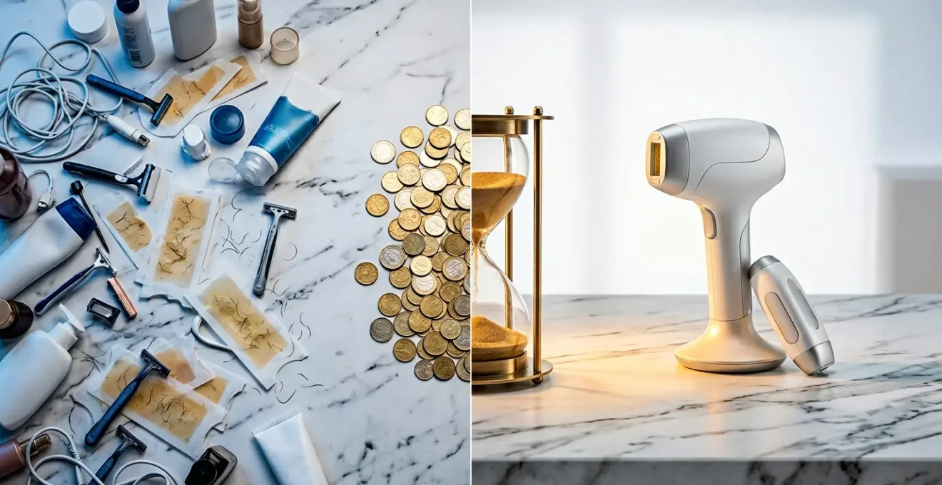 Confronto visivo tra epilazione laser e ceretta mostrando il risparmio economico nel tempo