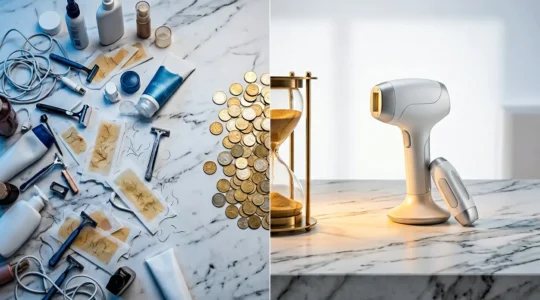 Confronto visivo tra epilazione laser e ceretta mostrando il risparmio economico nel tempo