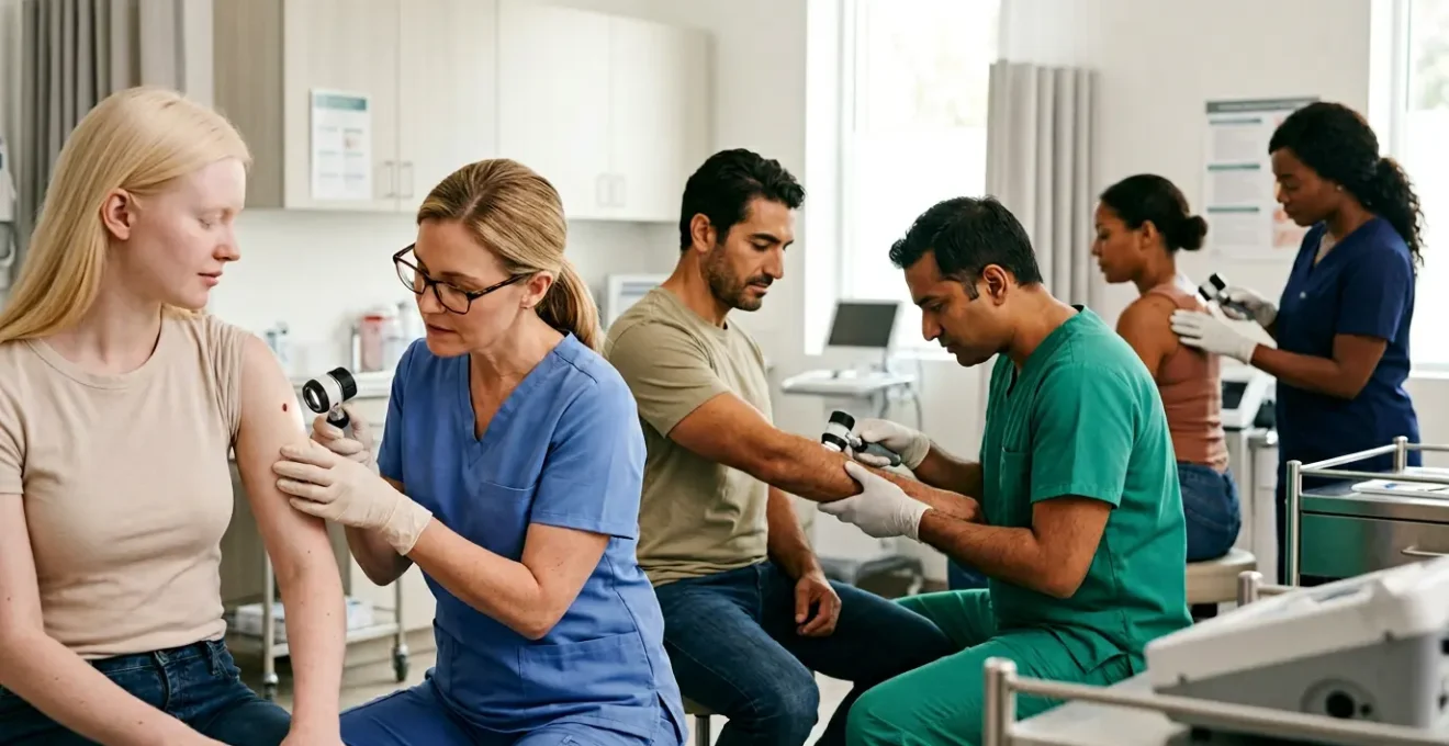 Confronto tra diversi fototipi di pelle sotto analisi dermatologica con strumentazione moderna