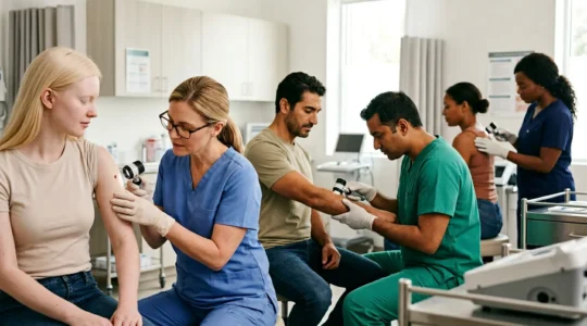 Confronto tra diversi fototipi di pelle sotto analisi dermatologica con strumentazione moderna