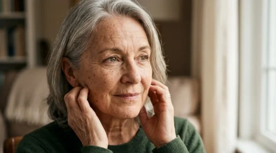 Ritratto di donna matura con segni evidenti di invecchiamento cutaneo dovuti all'inflammaging