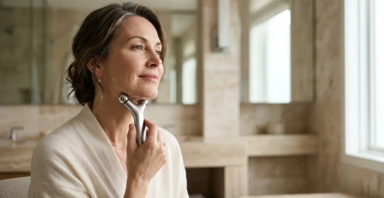 Donna che utilizza dispositivo a microcorrente per lifting viso