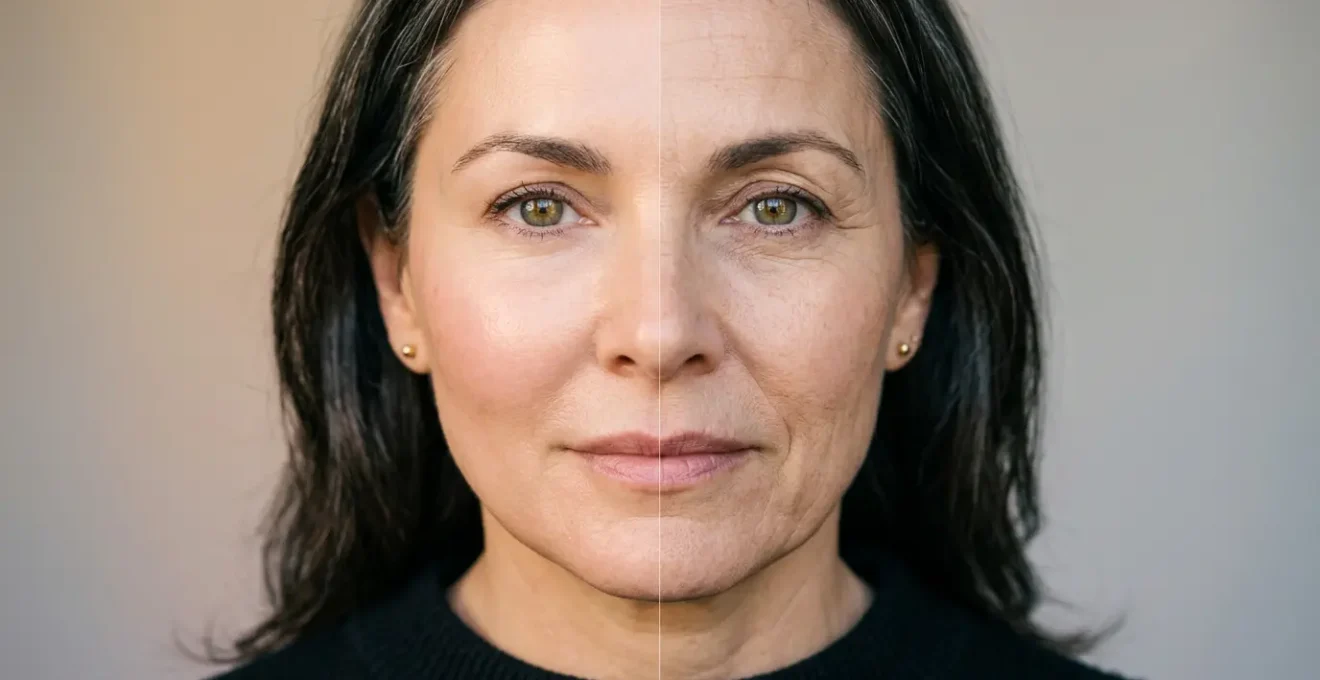 Primo piano del viso femminile con confronto tra metà trattata con lipofilling e metà con segni del tempo