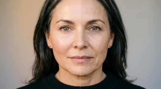 Primo piano del viso femminile con confronto tra metà trattata con lipofilling e metà con segni del tempo