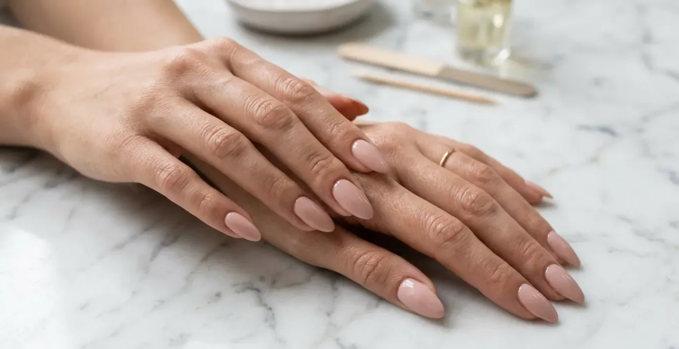 Mani eleganti con unghie a mandorla in tonalità nude che allungano otticamente le dita