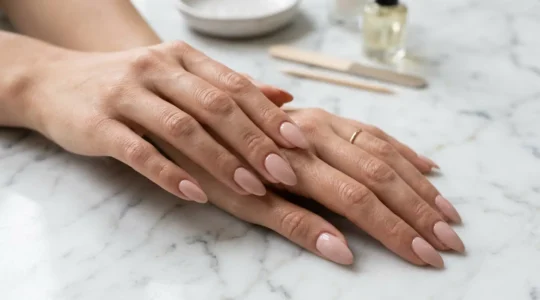 Mani eleganti con unghie a mandorla in tonalità nude che allungano otticamente le dita