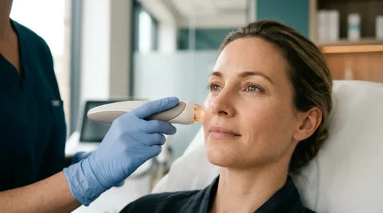 Trattamento di medicina estetica avanzata su viso femminile in ambiente clinico professionale