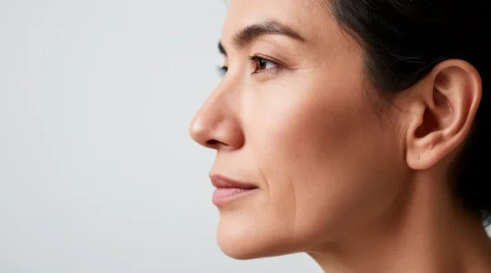 Primo piano di profilo di un volto che mostra un naso armonico ed equilibrato