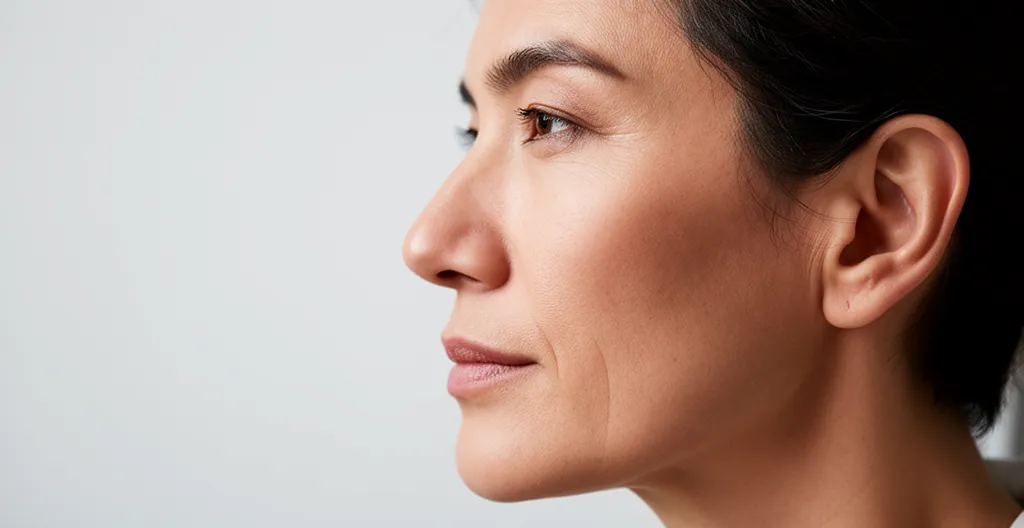 Primo piano di profilo di un volto che mostra un naso armonico ed equilibrato