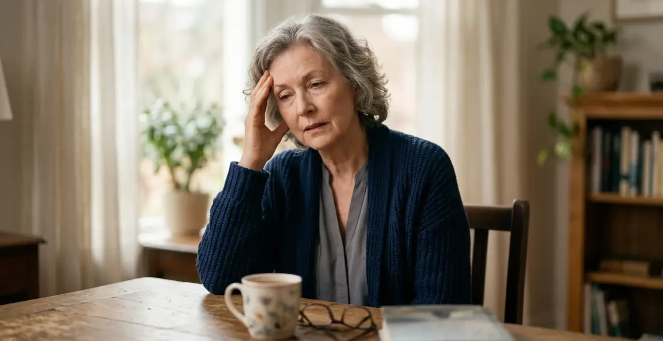 Donna anziana con palpebre cadenti che si tocca delicatamente la fronte