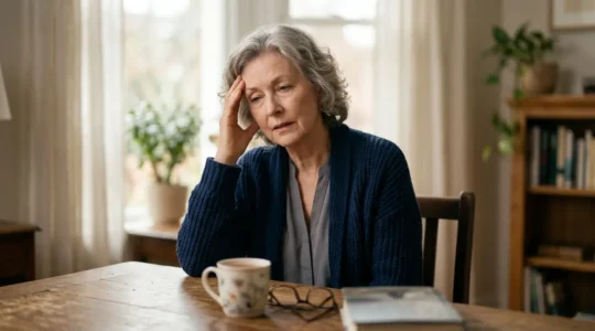 Donna anziana con palpebre cadenti che si tocca delicatamente la fronte