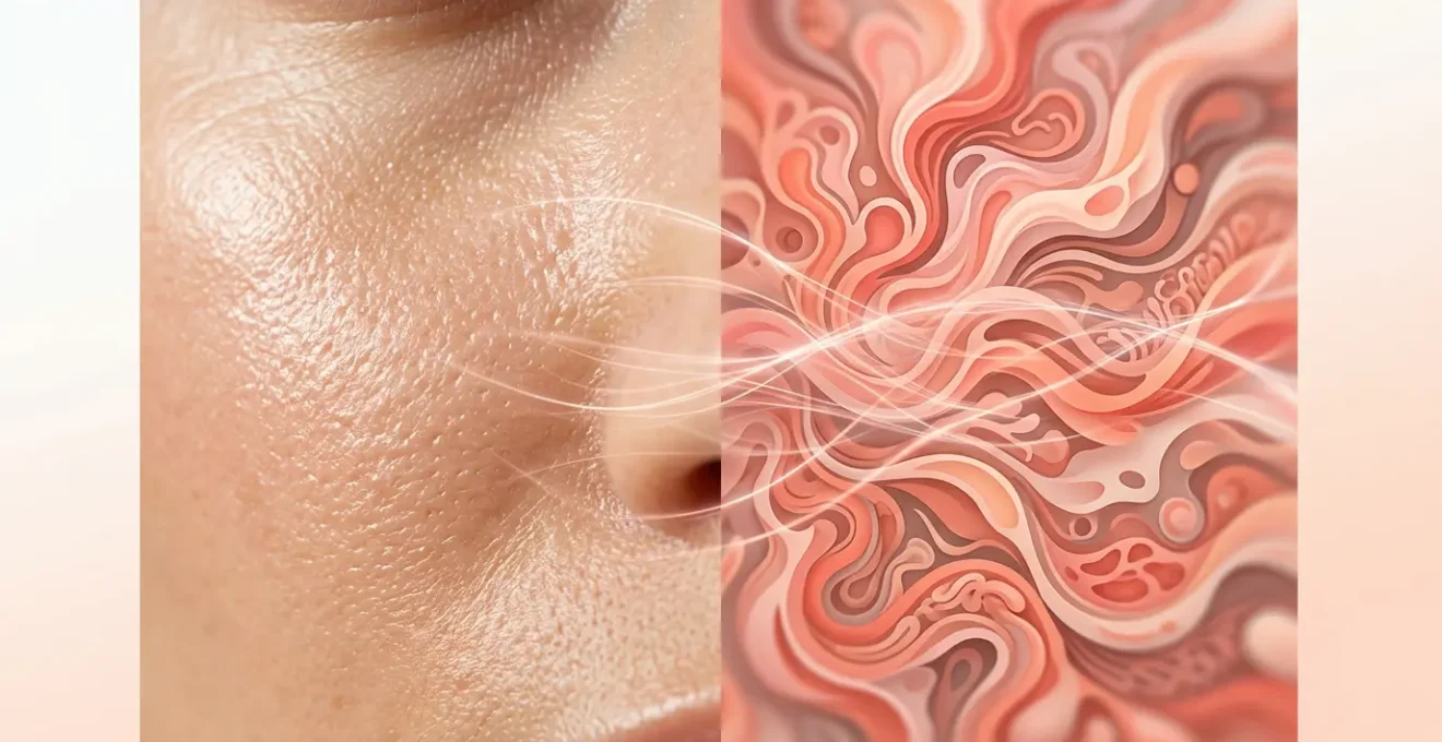 Visualizzazione artistica della connessione tra intestino e pelle attraverso il microbiota