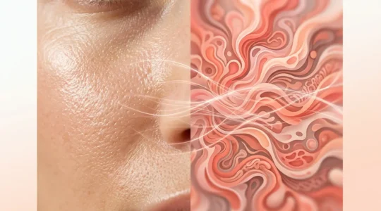 Visualizzazione artistica della connessione tra intestino e pelle attraverso il microbiota