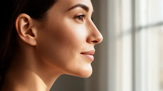 Profilo femminile in primo piano che mostra l'armonia tra naso e mento