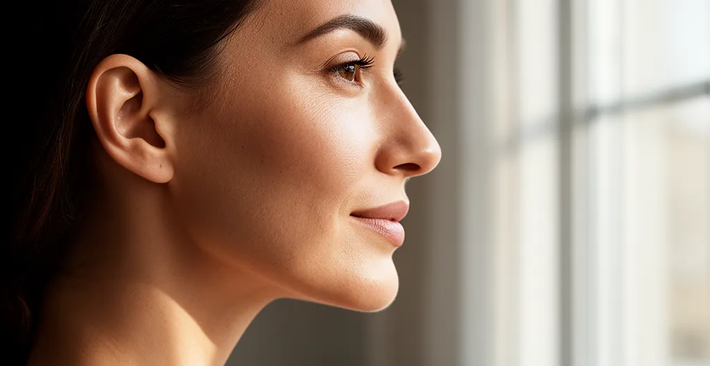 Profilo femminile in primo piano che mostra l'armonia tra naso e mento