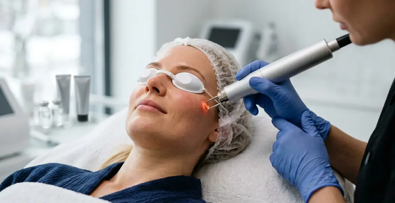 Trattamento laser su viso in ambiente clinico invernale professionale