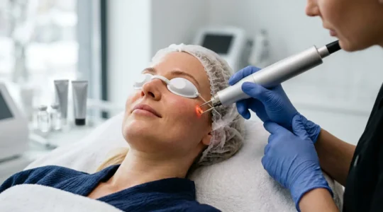 Trattamento laser su viso in ambiente clinico invernale professionale