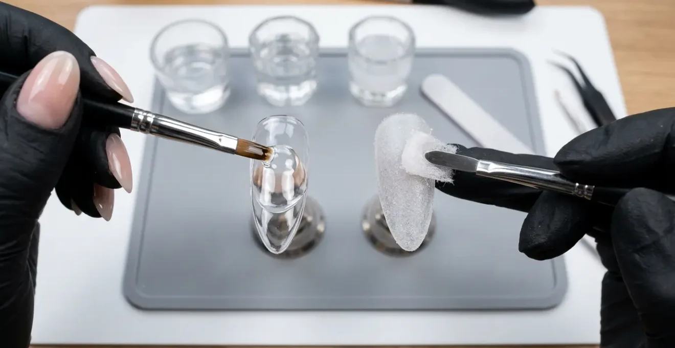 Confronto tra texture di gel e acrygel per ricostruzione unghie con strumenti professionali