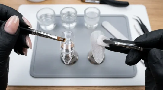 Confronto tra texture di gel e acrygel per ricostruzione unghie con strumenti professionali