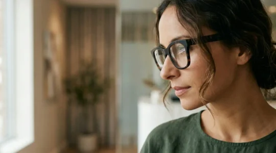 Profilo femminile con occhiali pesanti, riflesso dello studio medico, focus sul naso armonizzato