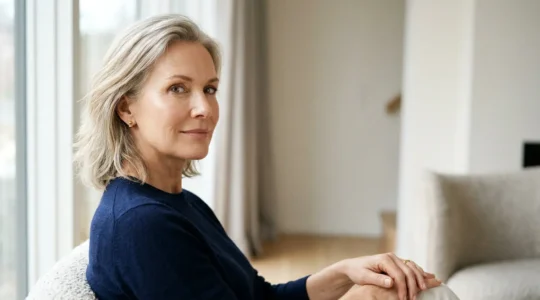 Volto femminile maturo con pelle luminosa e naturale, sguardo sereno che riflette i risultati duraturi della chirurgia estetica