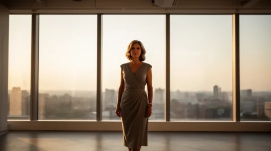 Donna matura in abito elegante durante golden hour con silhouette definita