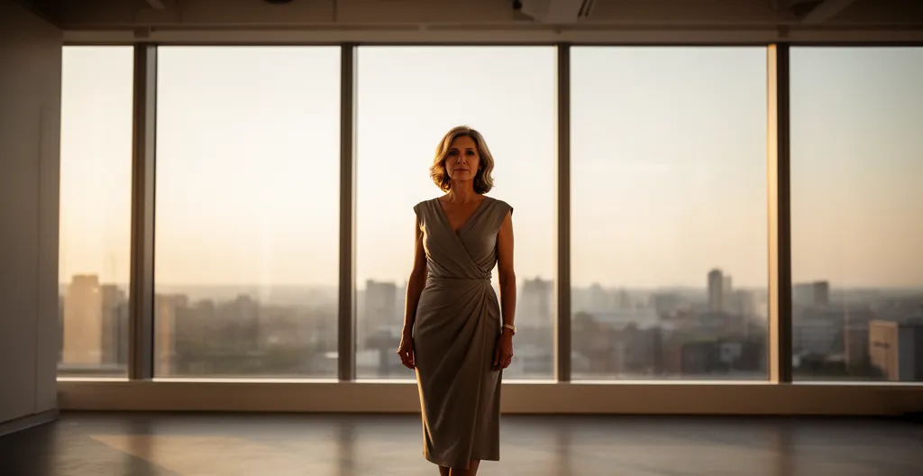 Donna matura in abito elegante durante golden hour con silhouette definita