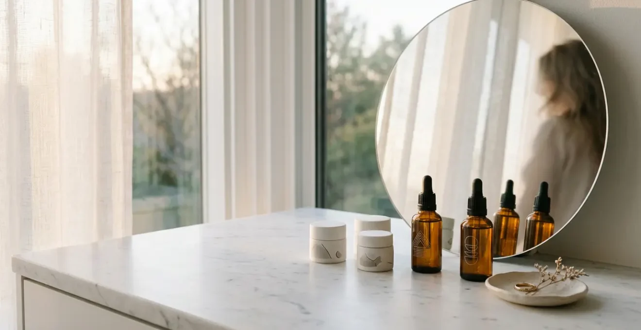 Routine di skincare anti-age con retinolo e vitamina C su pelle radiosa