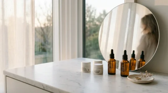 Routine di skincare anti-age con retinolo e vitamina C su pelle radiosa