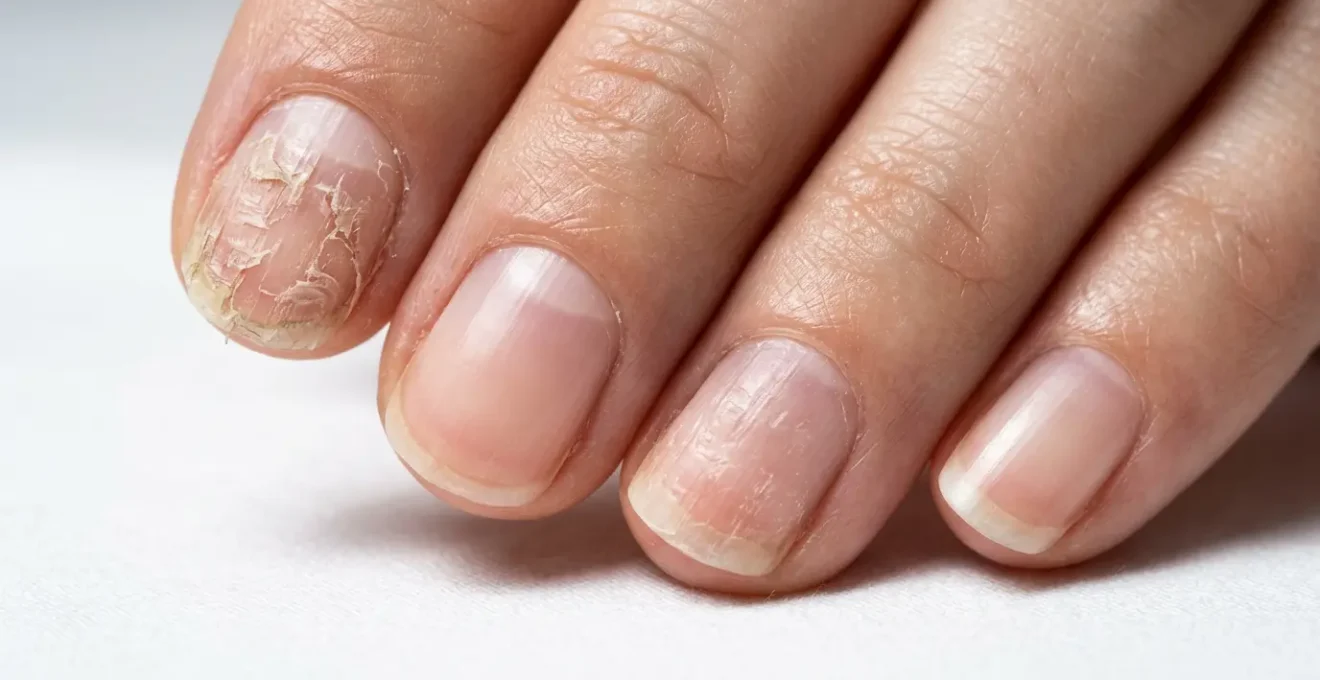 Dettaglio ravvicinato di mani con unghie curate che mostrano la differenza tra unghie sane e danneggiate