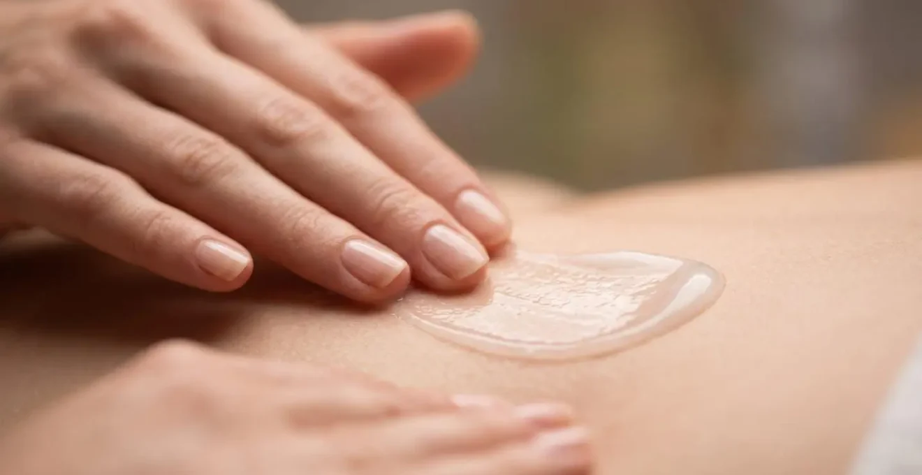 Mani che applicano delicatamente una texture enzimatica sul décolleté