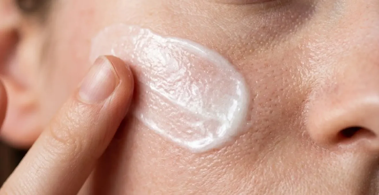 Donna che applica crema solare sul viso con texture visibile e riflessi luminosi